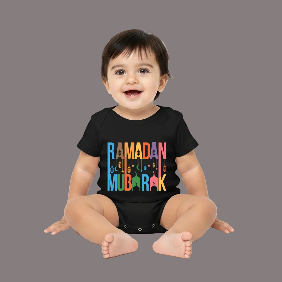 Ramadan Mubarak Baby Clothes - Vibrant Lettering Newborn Romper - Perfect Islamic Gift for Baby Shower, Eid al-Fitr, or Ramadan - Soft Cotton Infant Romper