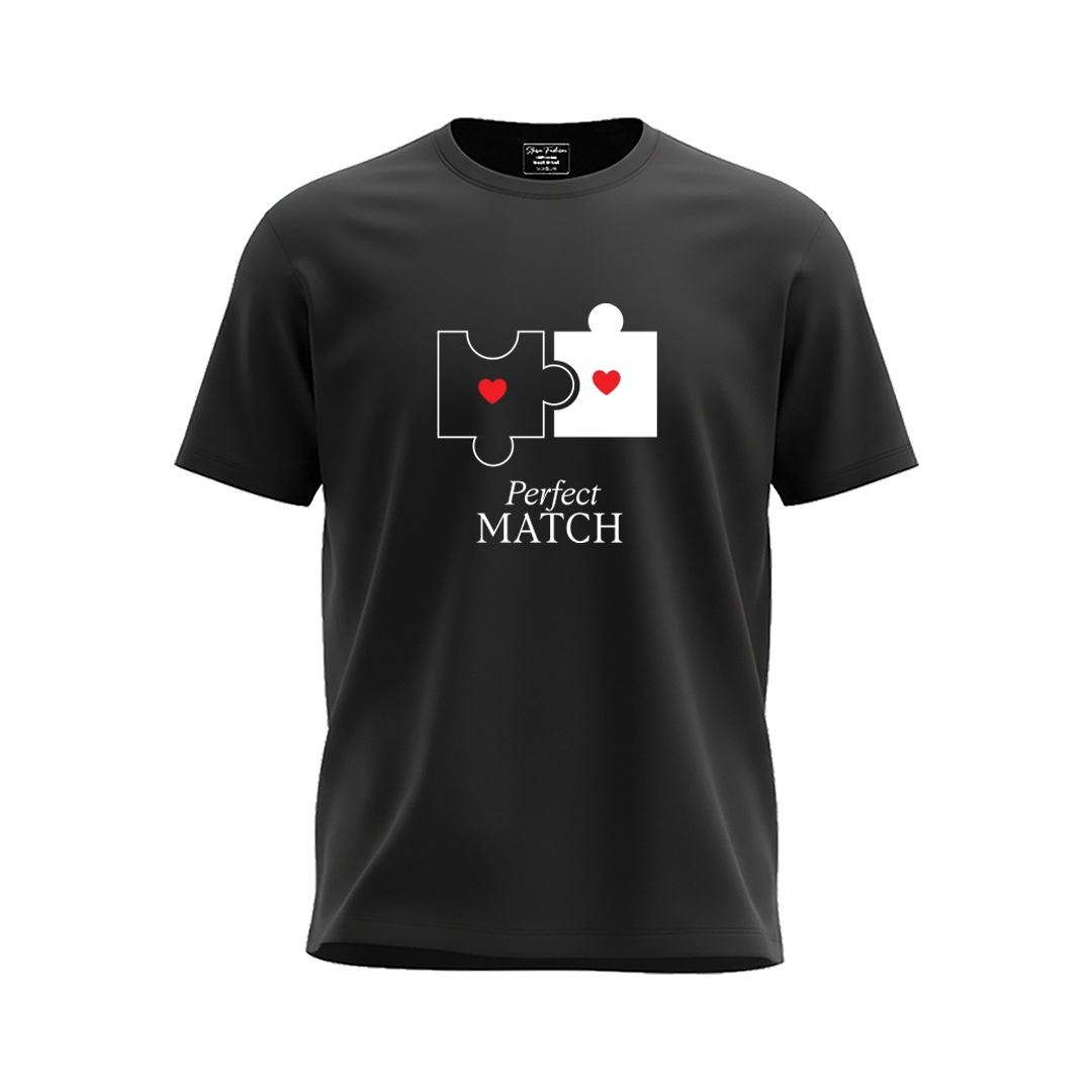 Valentine’s Day Matching Couple T-Shirts – "Perfect Match" Jigsaw Puzzle Graphic Tees –  Cotton T-Shirts for Lovers and Married Couples