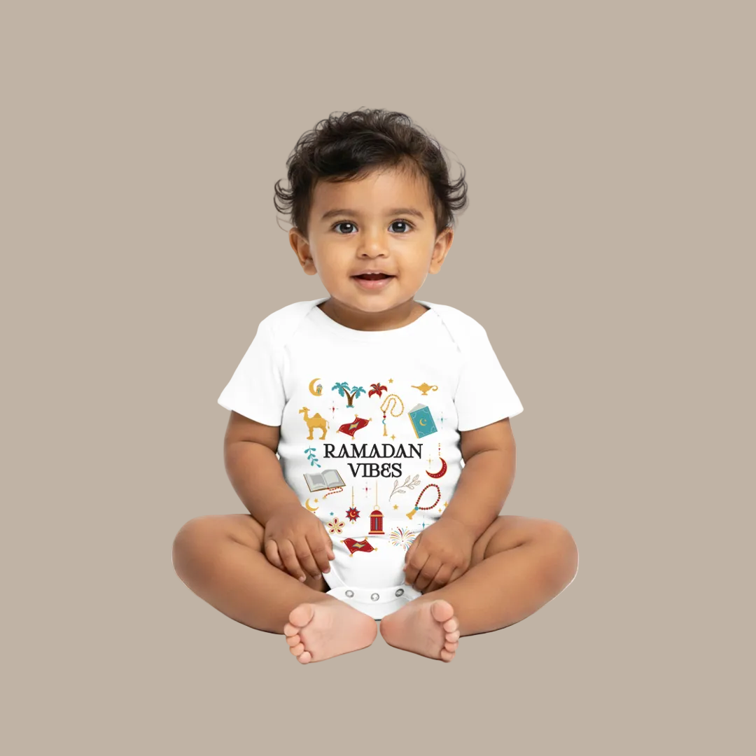 Ramadan Vibes | Modern Islamic Baby Clothing | Festive Lantern & Crescent Moon Print | Infant Romper
