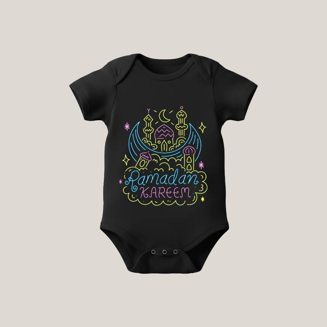 Ramadan Kareem Baby Onesie | Neon Line Art Mosque Design | Cotton Infant Romper | Islamic Baby Clothes