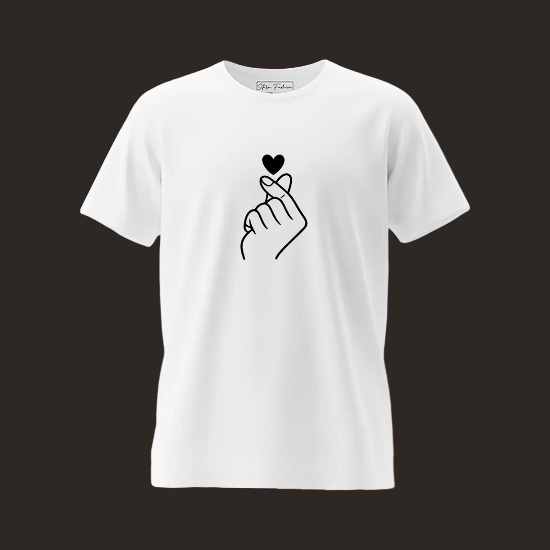 Korean Finger Heart Matching Couple T-Shirts - Valentine’s Day Gift White Cotton Tees, Minimalist Saranghae K-Pop T-Shirts