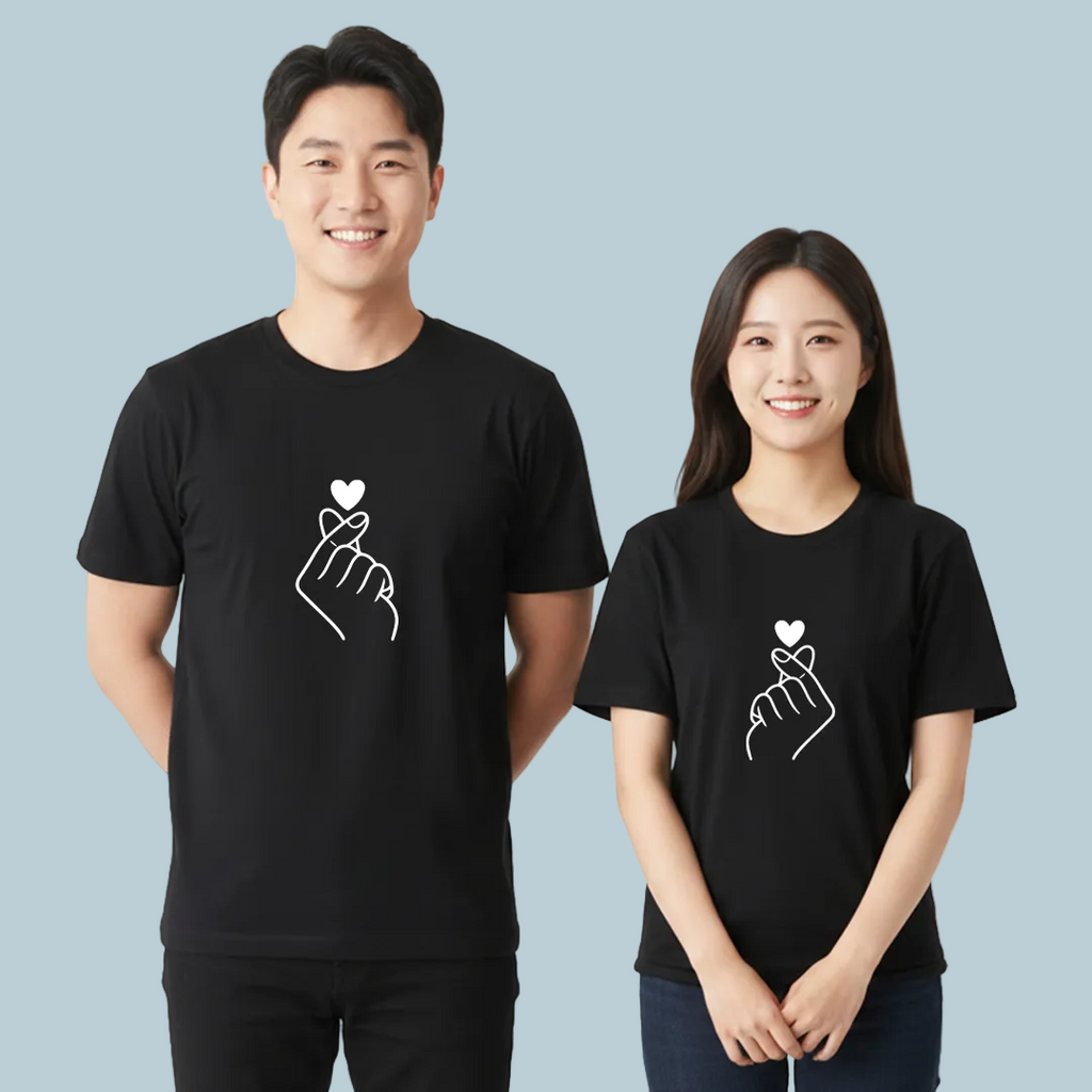 Korean Finger Heart Matching Couple T-Shirts - Valentine’s Day Gift White Cotton Tees, Minimalist Saranghae K-Pop T-Shirts
