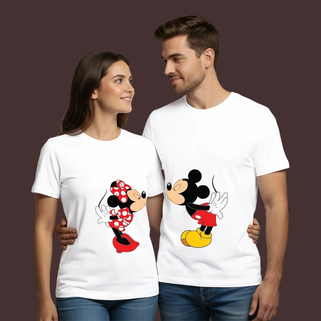 Disney Mickey and Minnie Mouse Kissing Couples T-Shirts - Matching Valentine’s Day Tees for Him and Her - White Cotton Graphic Tees