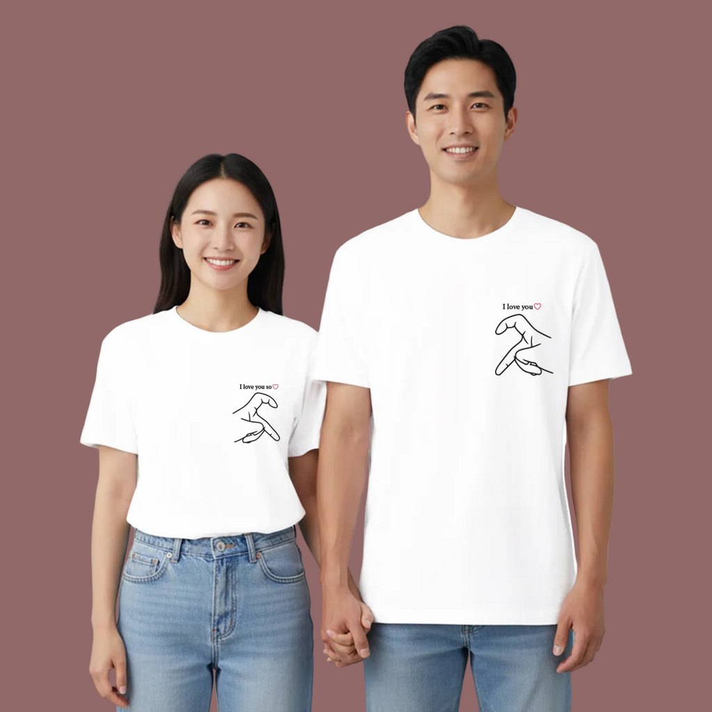 Matching Couple T-Shirts for Men and Women, Valentine’s Day Heart Hand Graphic Tees, White Short Sleeve/ 100% Cotton Tees